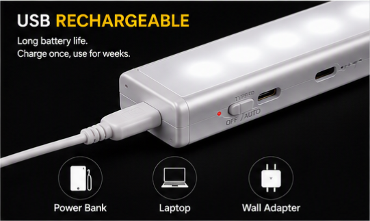 USB Rechargeable LED Motion Sensor Light | Wireless Magnetic Cabinet Light